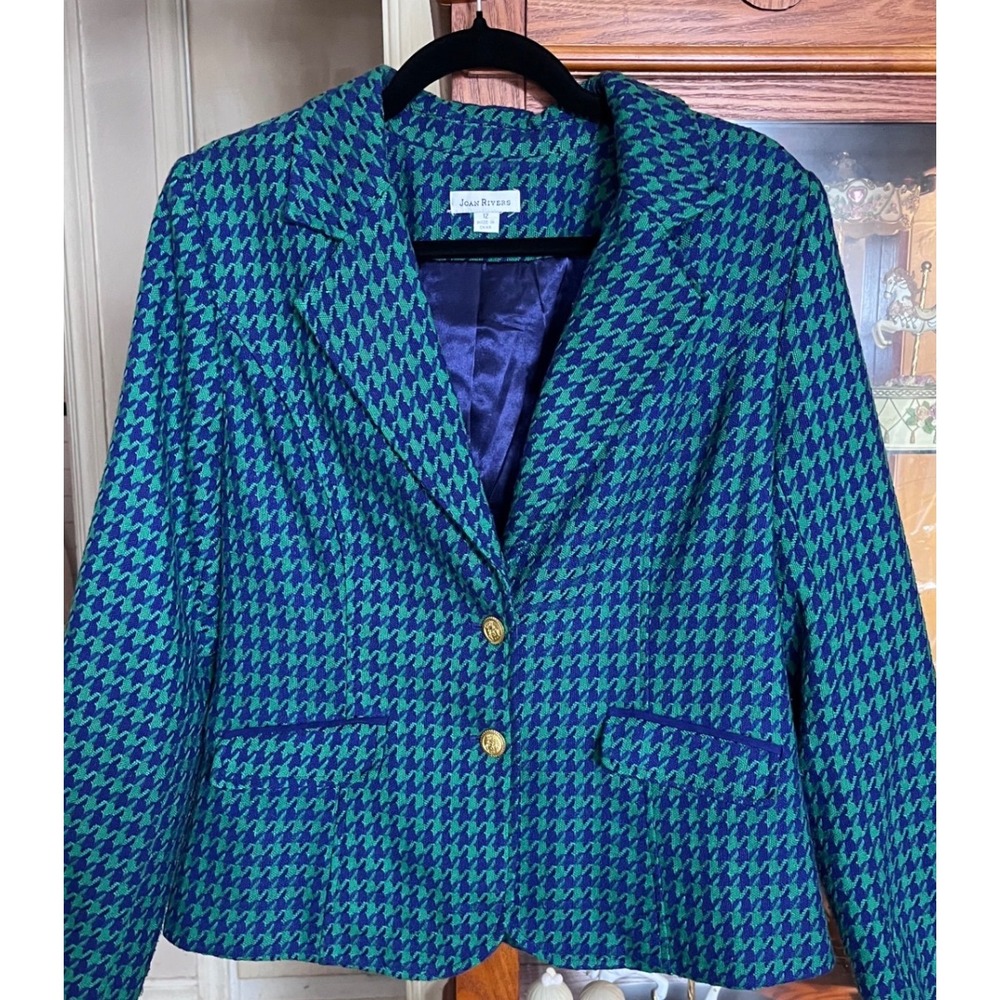 Joan Rivers Womens Green Navy Houndstooth Blazer Gold Crest Buttons Size 12